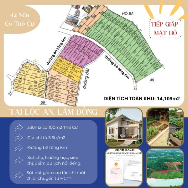 BÁN ĐẤT LỘC AN LÂM ĐỒNG CÓ THỔ CƯ TIẾP GIÁP MẶT HỒ