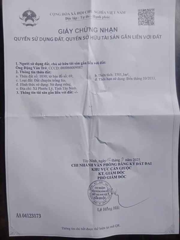 BÁN 1500m² ĐẤT LÚA – ĐƯỜNG 3M – PHƯỚC LÝ TÂY NINH